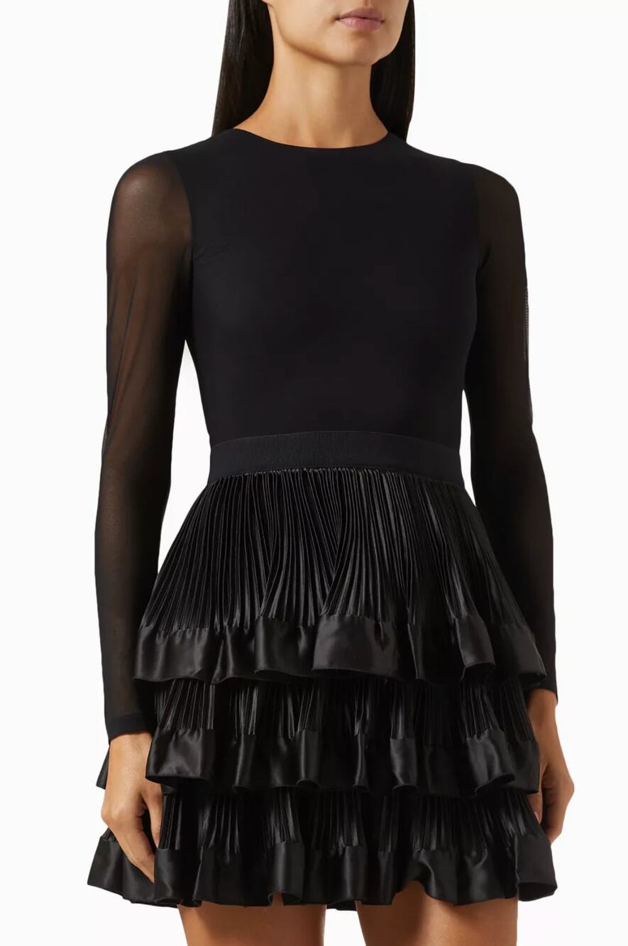 Alice + Olivia Chara Tiered Ruffle Mini Dress Womens 4 Mesh Stretch Nylon Black
